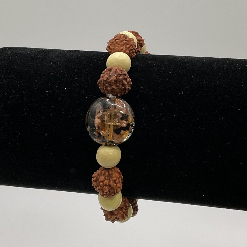 Rudraksha & Wood Bead Stretch Bracelet w/ Glass Accent Bead